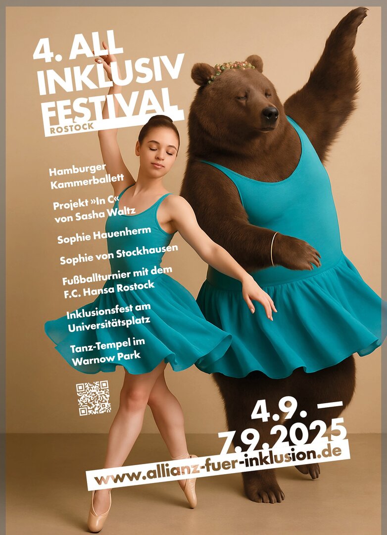 Ballerina und Tanzbär in türkisfarbenen Kleidern tanzen nebeneinander. Text: 4. All Inklusiv Festival Rostock.