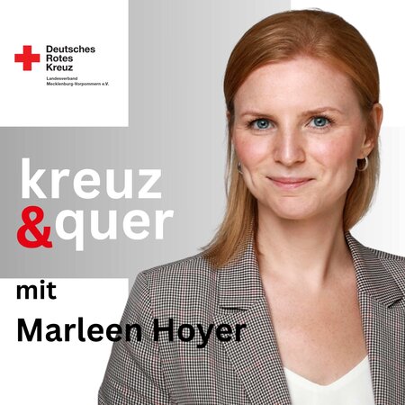 Porträt einer Frau vor „kreuz & quer“ Text, Logo des Deutschen Roten Kreuzes oben links.