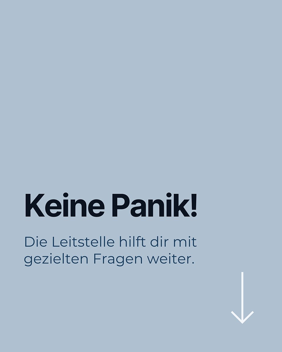 Grauer Hintergrund, Text: "Keine Panik! Die Leitstelle hilft dir mit gezielten Fragen weiter." Pfeil nach unten.