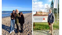 Links: Drei Personen am Strand mit Eis. Rechts: Person vor Schild „Deutsches Rotes Kreuz, Landesverband Mecklenburg-Vorpom...