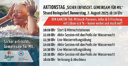 Frau im Wasser lachend, Aktionstag am Strand Heringsdorf, 7. August 2025, inklusive Rettungsübungen und Verlosung.