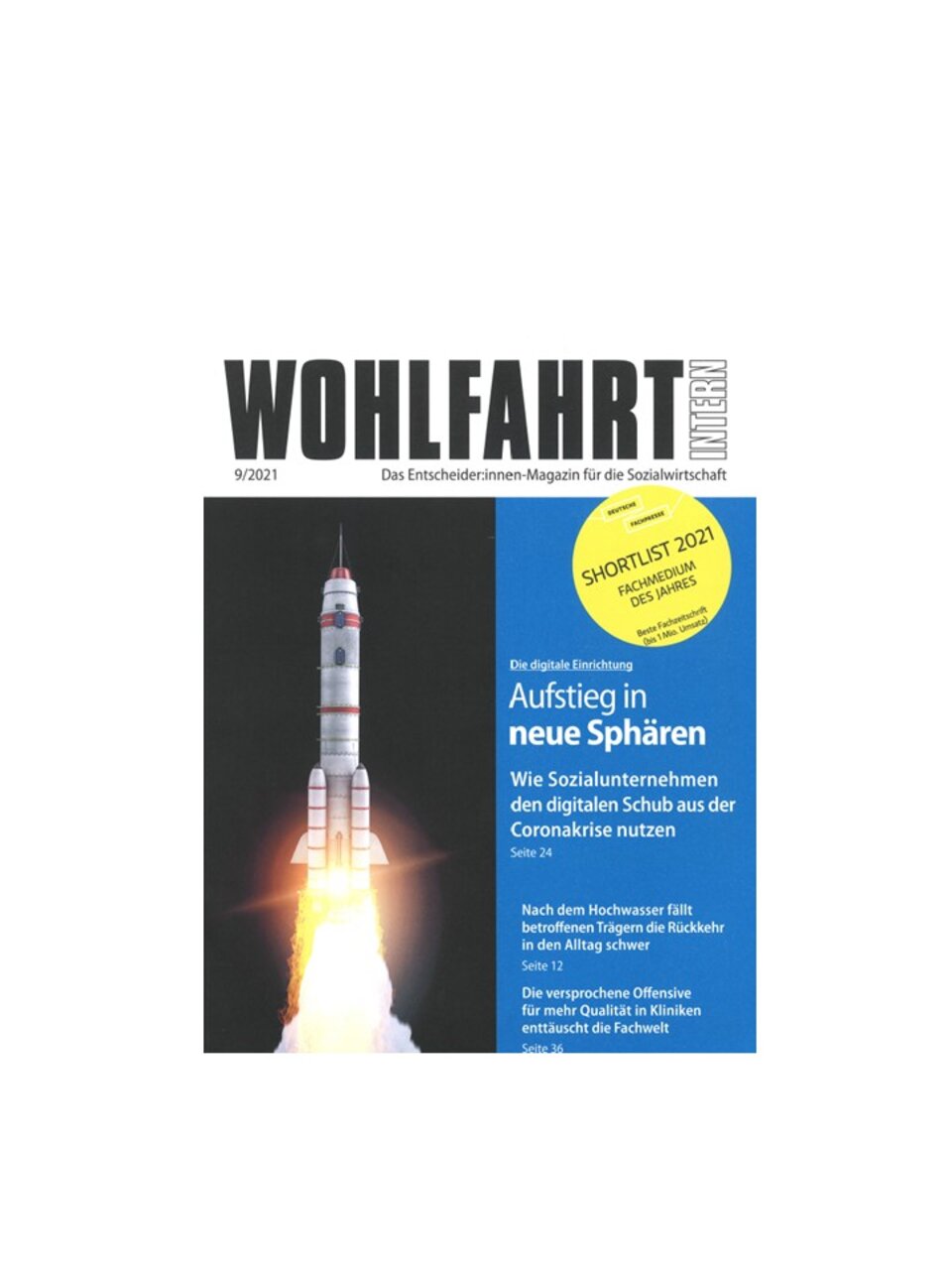 Titel "Wohlfahrt Intern", Raketenstart, Text über digitale Schübe und Sozialwirtschaft. Gelber Kreis: "Shortlist 2021".