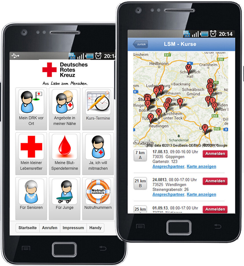 Zwei Smartphones mit DRK-Apps. Links: Menü mit Kursoptionen. Rechts: Karte mit Kursstandorten und Anmeldetasten.