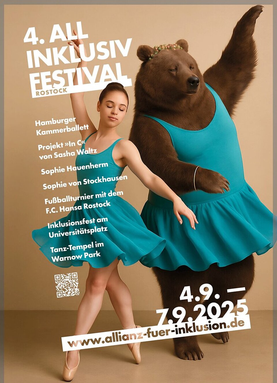 Ballerina und Tanzbär in türkisfarbenen Kleidern tanzen nebeneinander. Text: 4. All Inklusiv Festival Rostock.