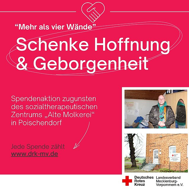 Spendenaktion zugunsten "Alte Molkerei" in Poischendorf; Rotes Kreuz Logo, Bild einer Person drinnen, Gebäude außen.