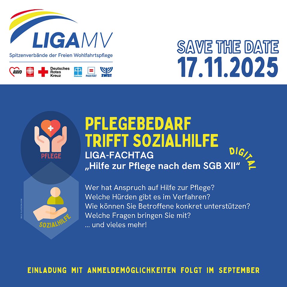 Ein Poster für einen LIGA-Fachtag zur Pflege, 17.11.2025, digital. Hauptthema: Pflegebedarf trifft Sozialhilfe.