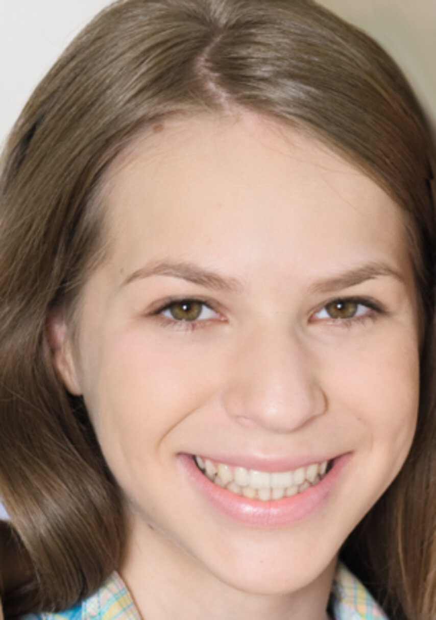 Die Person lächelt. Sie hat schulterlanges braunes Haar und trägt ein kariertes Hemd.