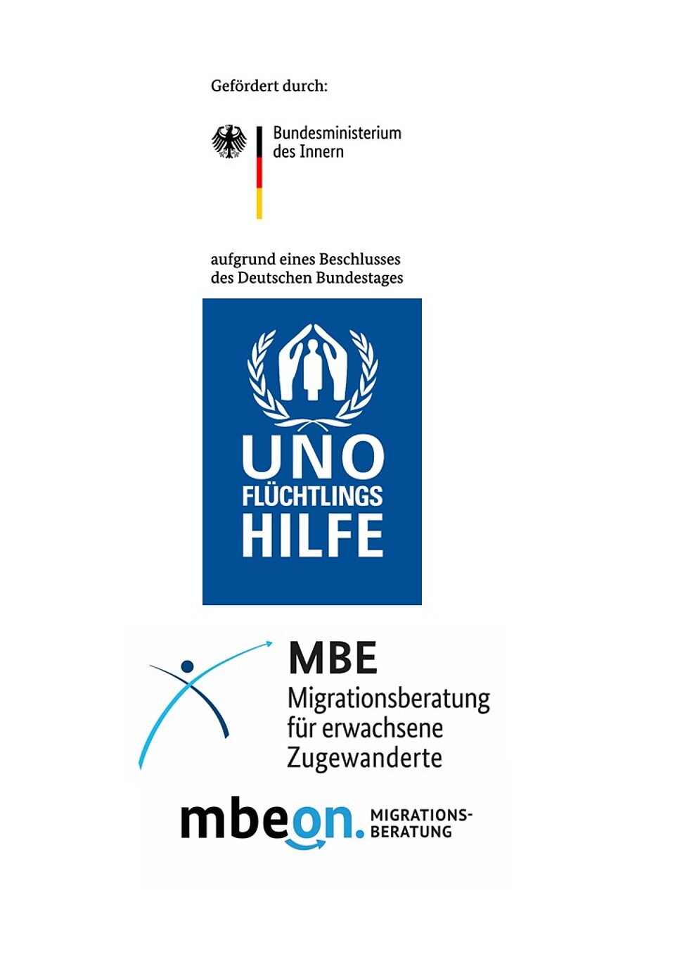 Logos: Bundesministerium des Innern, UNO Flüchtlingshilfe, MBE Migrationsberatung, mbeon Migrationsberatung.