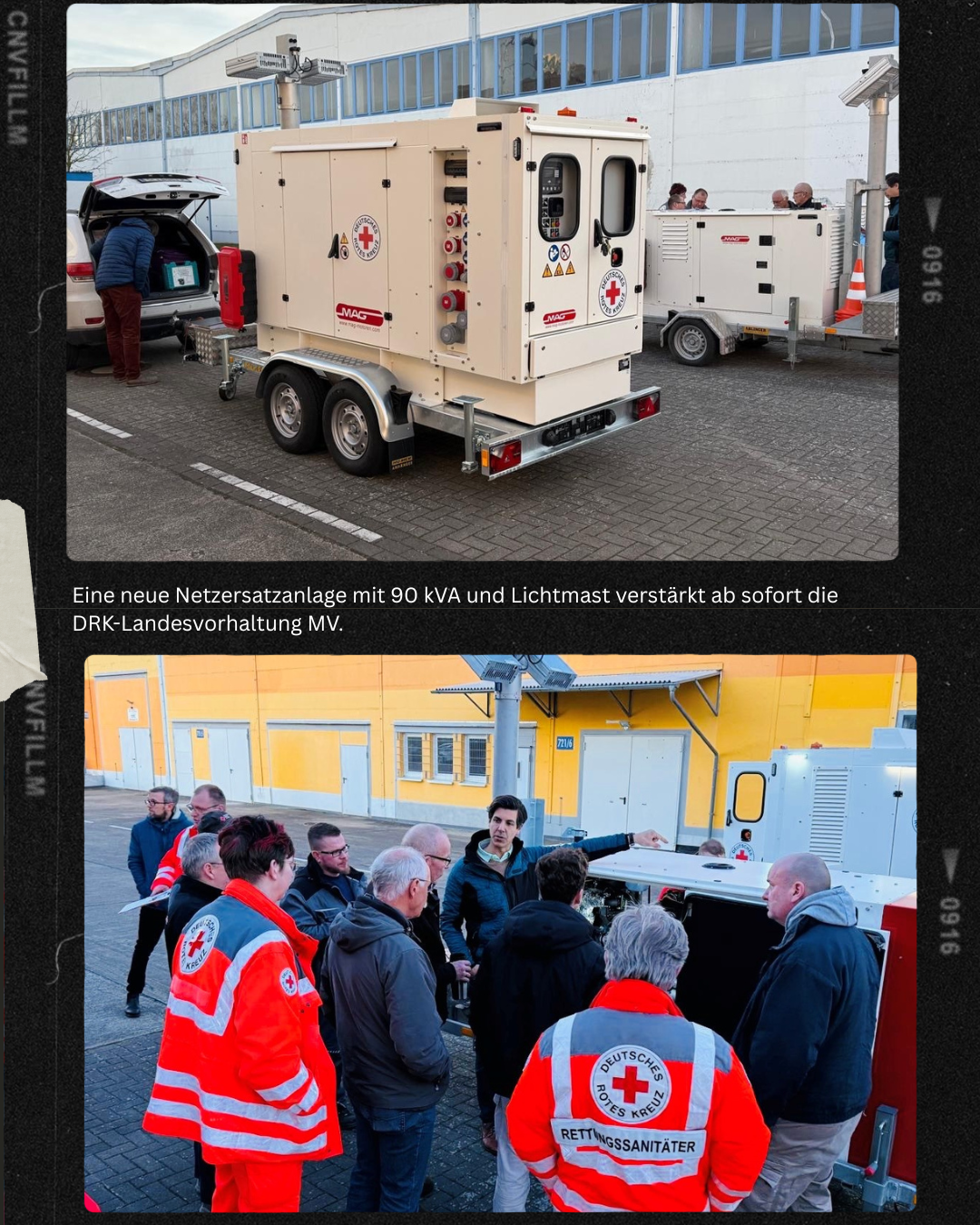 Anhänger mit DRK-Generator und Lichtmast, Menschen diskutieren davor in Arbeitskleidung.
