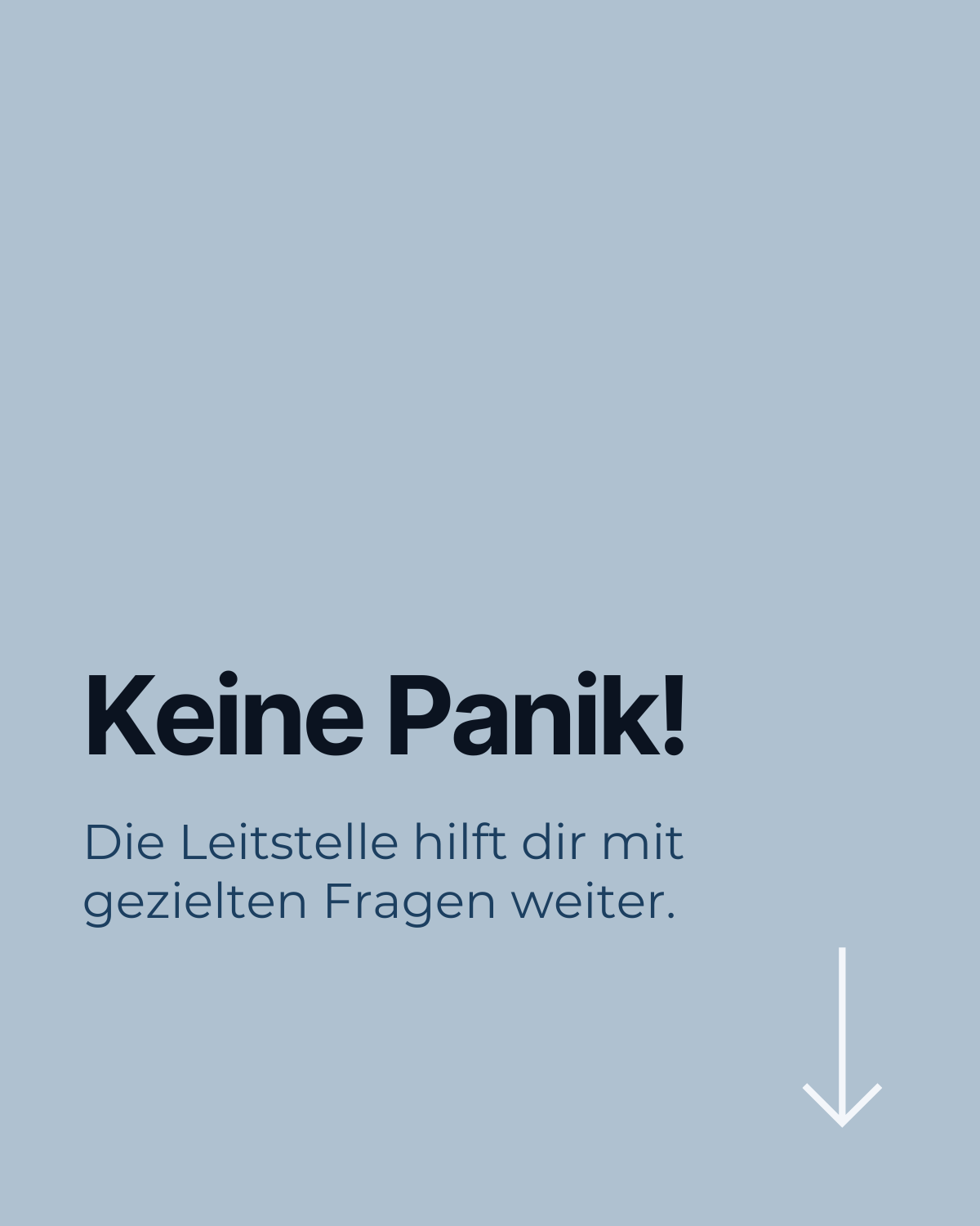 Grauer Hintergrund, Text: "Keine Panik! Die Leitstelle hilft dir mit gezielten Fragen weiter." Pfeil nach unten.