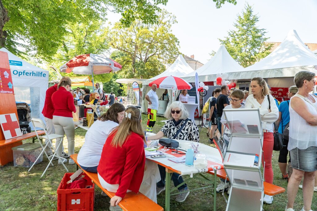 Menschen an Informationsständen im Freien bei einer Veranstaltung mit weißen Zelten und Bäumen im Hintergrund